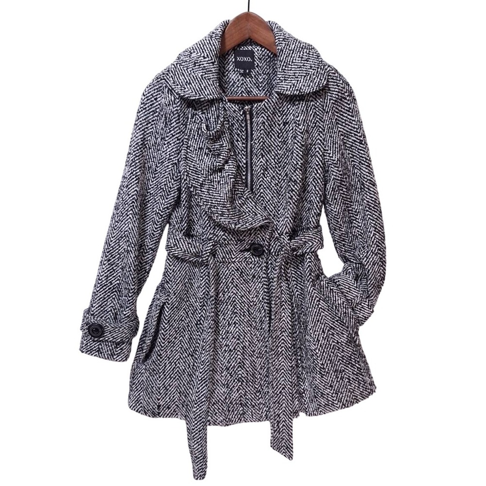 XOXO Herringbone Tweed Fit Flare Belted Coat Jacket Wool‎ Blend Women's Size S